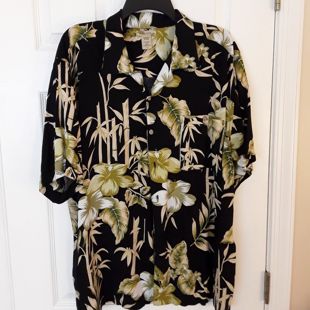 Islander Hawaiian button down shirt black w/bamboo flower print, 100% rayon